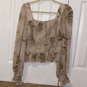 Papermoon Size Large Taupe & Brown Sheer Stretch Long Sleeve Blouse